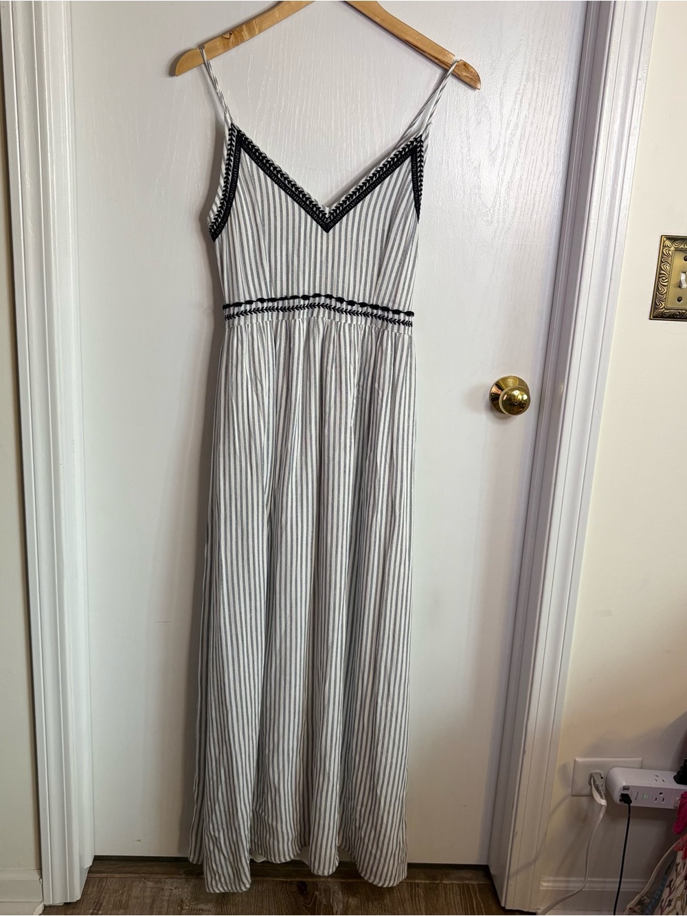 Japna Maxi Dress with Navy Stripe & Embroidered Trim Coastal Boho Beachy Size S - Picture 2 of 9